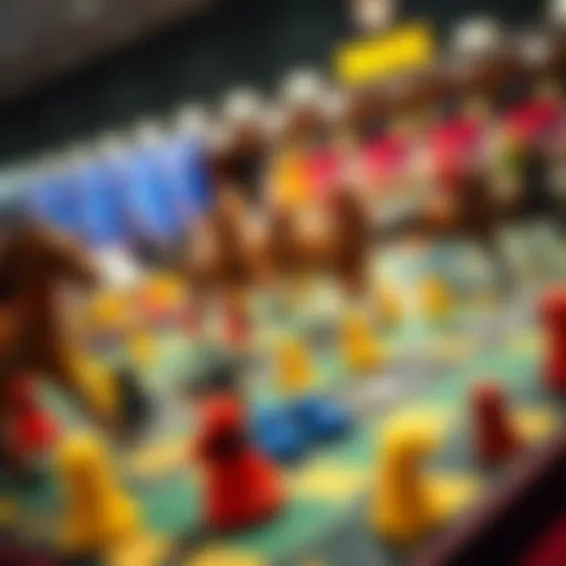 A detailed view of a horse racing board game setup with colorful pieces and betting elements.
