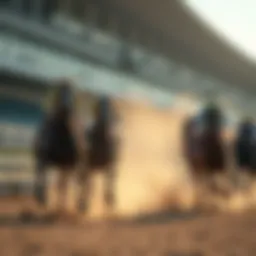 Thoroughbred horses racing on a track under bright sunlight