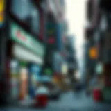 A bustling lottery shop in a vibrant neighborhood